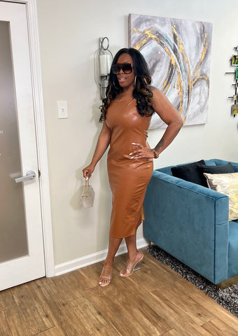 Match My Vibe Faux Leather Dress (Caramel)