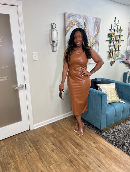Match My Vibe Faux Leather Dress (Caramel)