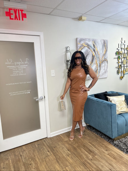 Match My Vibe Faux Leather Dress (Caramel)